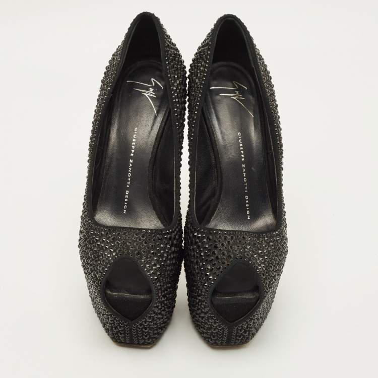 Pre Owned Giuseppe Zanotti Liza Size 38 Black Suede Crystal Embellished Peep Toe Pumps