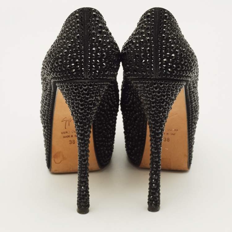 Pre Owned Giuseppe Zanotti Liza Size 38 Black Suede Crystal Embellished Peep Toe Pumps