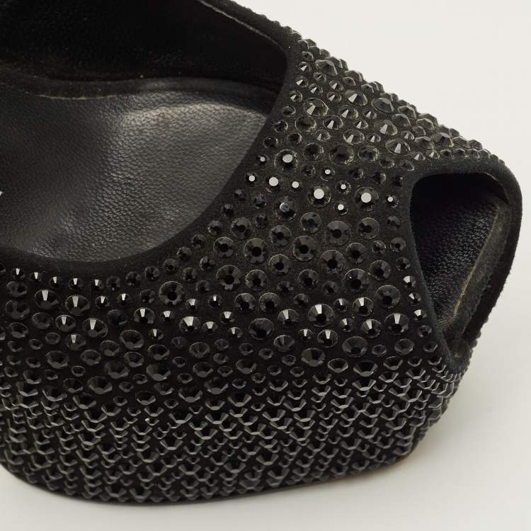 Pre Owned Giuseppe Zanotti Liza Size 38 Black Suede Crystal Embellished Peep Toe Pumps