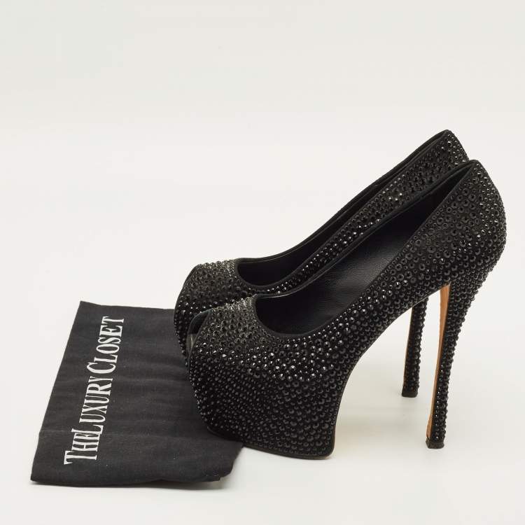 Pre Owned Giuseppe Zanotti Liza Size 38 Black Suede Crystal Embellished Peep Toe Pumps