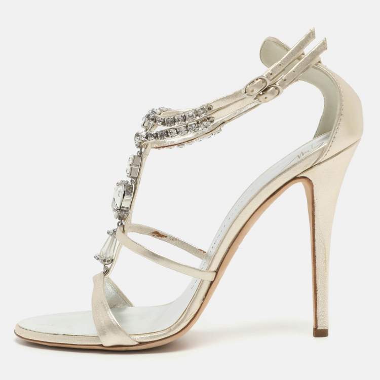 Pre Owned Giuseppe Zanotti Crystal Embellished Size 40 Gold Leather Ankle Strap Sandals