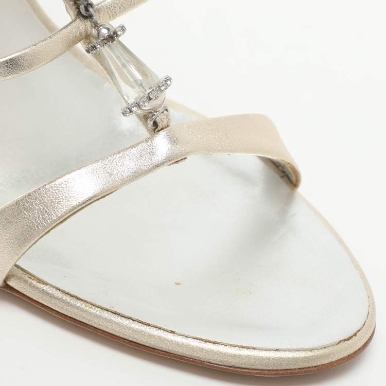 Pre Owned Giuseppe Zanotti Crystal Embellished Size 40 Gold Leather Ankle Strap Sandals