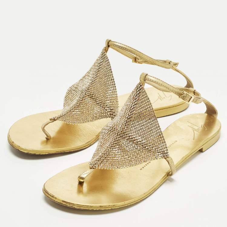 Pre Owned Giuseppe Zanotti Size 39 Gold Crystals and Leather Thong Ankle Strap Flats