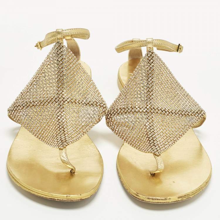 Pre Owned Giuseppe Zanotti Size 39 Gold Crystals and Leather Thong Ankle Strap Flats