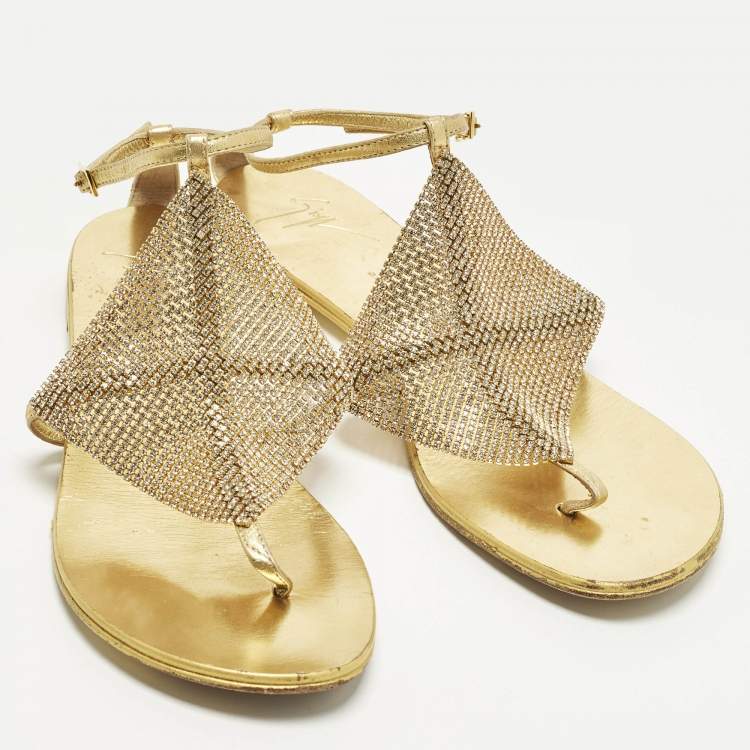 Pre Owned Giuseppe Zanotti Size 39 Gold Crystals and Leather Thong Ankle Strap Flats