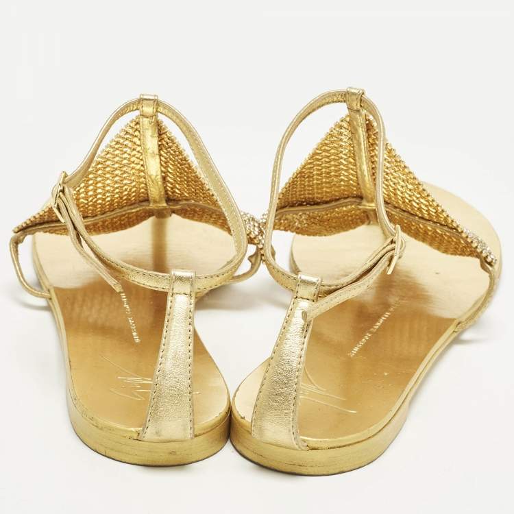 Pre Owned Giuseppe Zanotti Size 39 Gold Crystals and Leather Thong Ankle Strap Flats