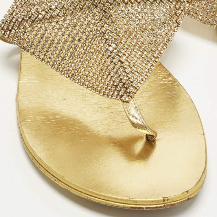 Pre Owned Giuseppe Zanotti Size 39 Gold Crystals and Leather Thong Ankle Strap Flats