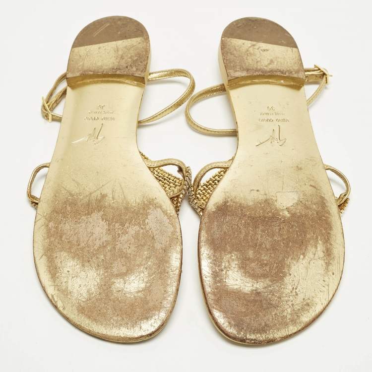 Pre Owned Giuseppe Zanotti Size 39 Gold Crystals and Leather Thong Ankle Strap Flats