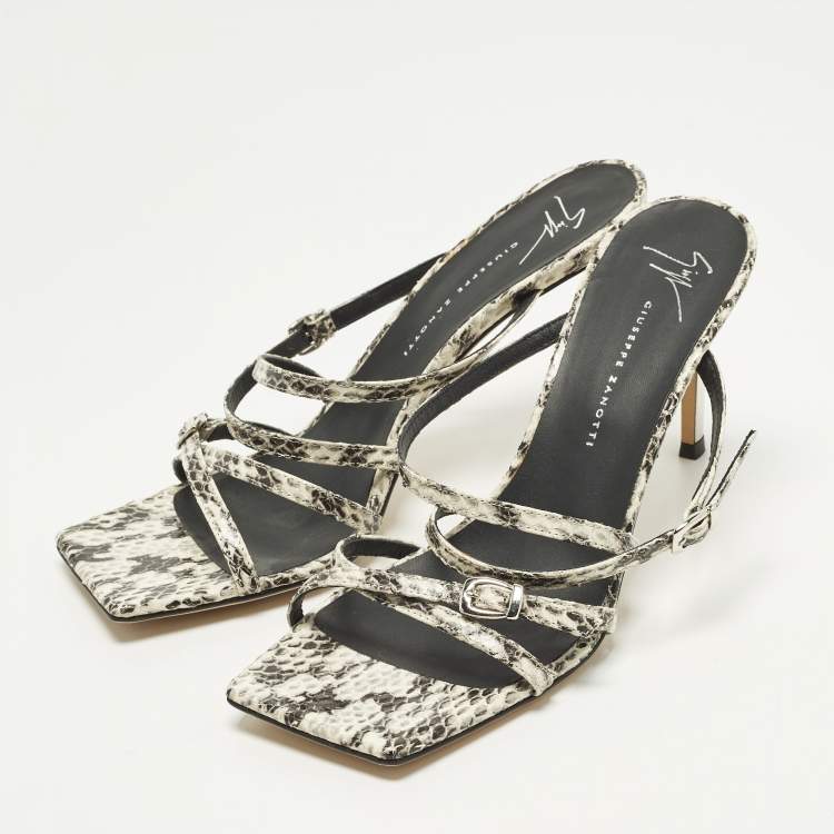 Pre Owned Giuseppe Zanotti Size 38 Black/White Python Embossed Leather Strappy Slide Sandals