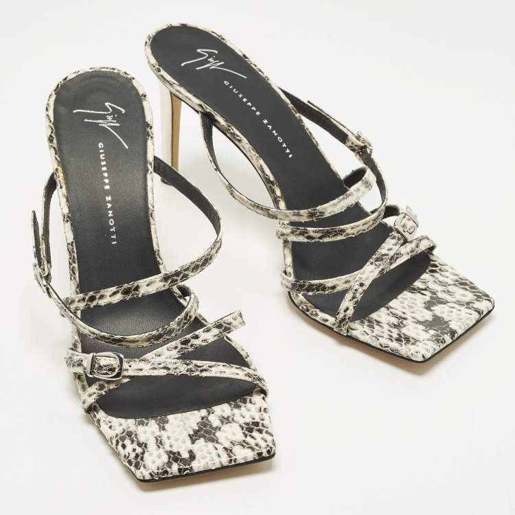 Pre Owned Giuseppe Zanotti Size 38 Black/White Python Embossed Leather Strappy Slide Sandals