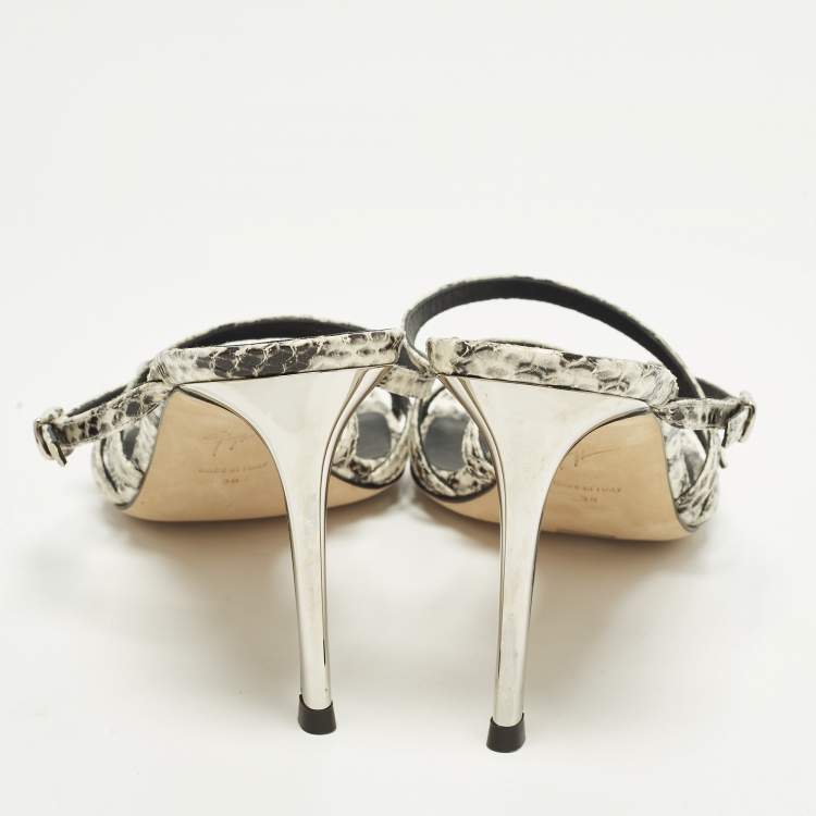Pre Owned Giuseppe Zanotti Size 38 Black/White Python Embossed Leather Strappy Slide Sandals