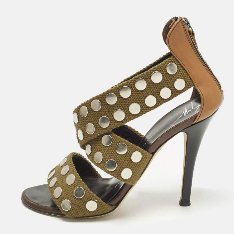 Pre Owned Giuseppe Zanotti Size 36 Olive Green/Brown Canvas and Leather Studded Strappy Sandals
