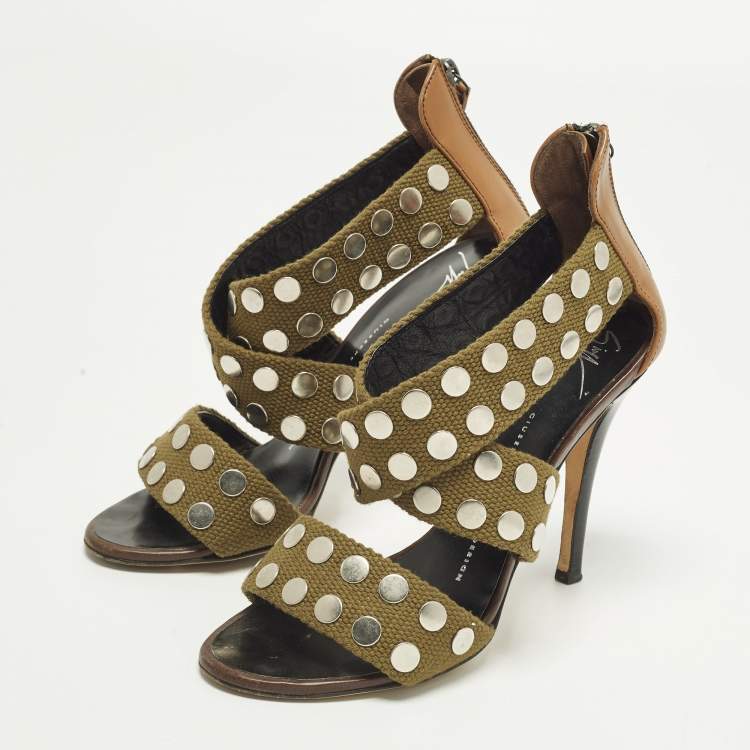 Pre Owned Giuseppe Zanotti Size 36 Olive Green/Brown Canvas and Leather Studded Strappy Sandals