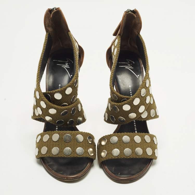 Pre Owned Giuseppe Zanotti Size 36 Olive Green/Brown Canvas and Leather Studded Strappy Sandals