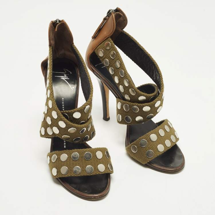 Pre Owned Giuseppe Zanotti Size 36 Olive Green/Brown Canvas and Leather Studded Strappy Sandals