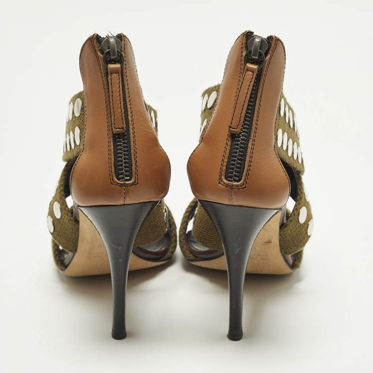 Pre Owned Giuseppe Zanotti Size 36 Olive Green/Brown Canvas and Leather Studded Strappy Sandals