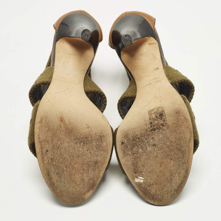 Pre Owned Giuseppe Zanotti Size 36 Olive Green/Brown Canvas and Leather Studded Strappy Sandals