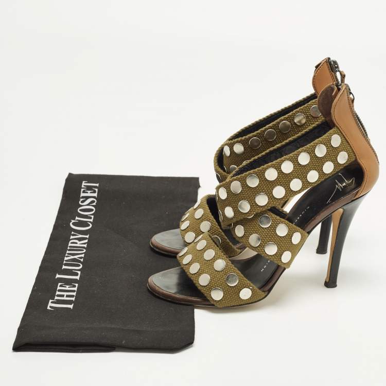 Pre Owned Giuseppe Zanotti Size 36 Olive Green/Brown Canvas and Leather Studded Strappy Sandals