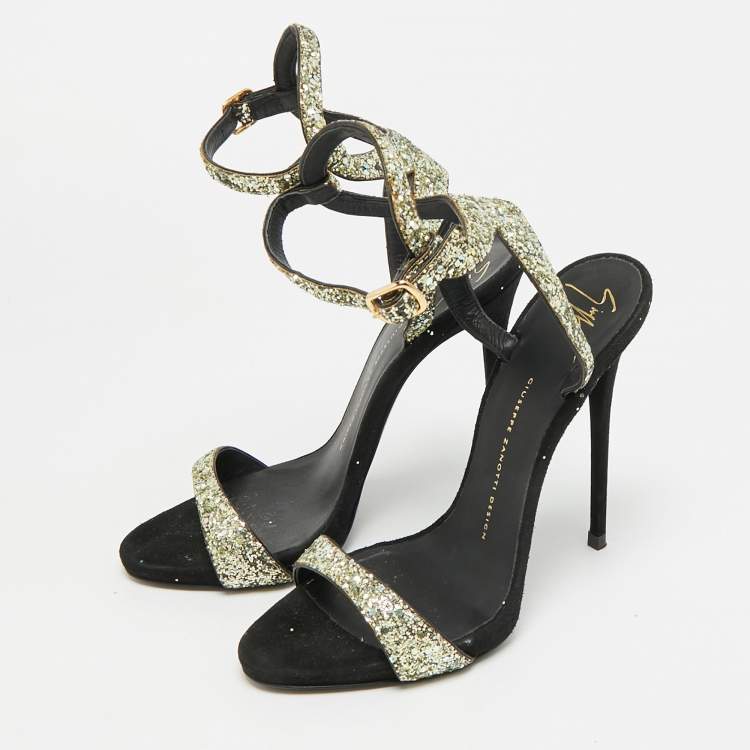 Pre Owned Giuseppe Zanotti Size 39 Gold/Black Glitter and Suede Ankle Strap Sandals