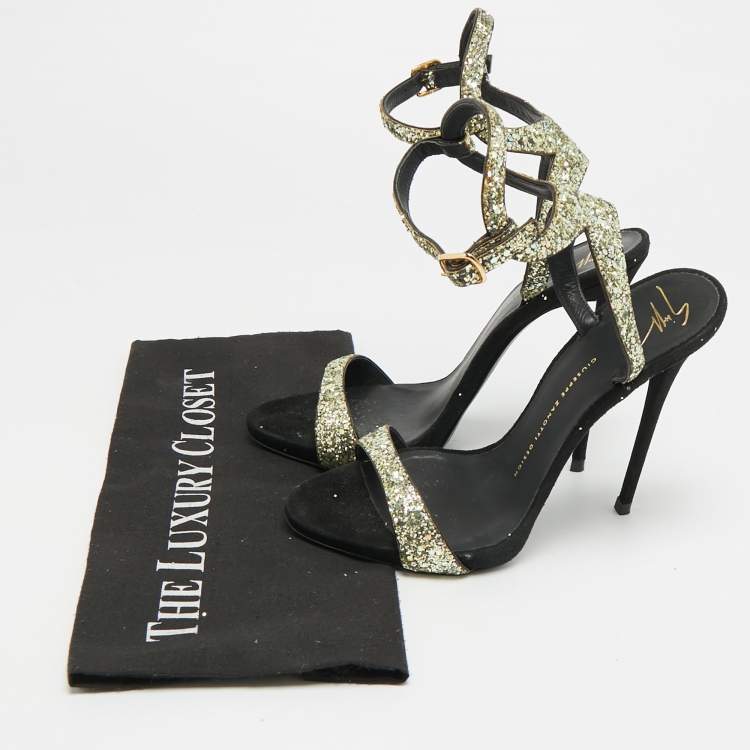 Pre Owned Giuseppe Zanotti Size 39 Gold/Black Glitter and Suede Ankle Strap Sandals