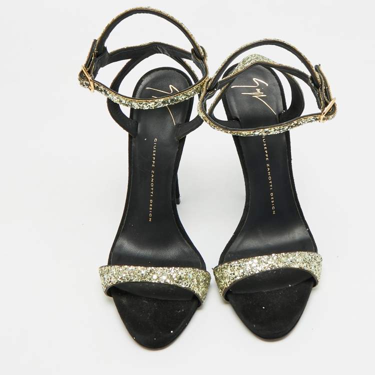 Pre Owned Giuseppe Zanotti Size 39 Gold/Black Glitter and Suede Ankle Strap Sandals