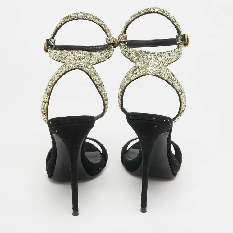 Pre Owned Giuseppe Zanotti Size 39 Gold/Black Glitter and Suede Ankle Strap Sandals