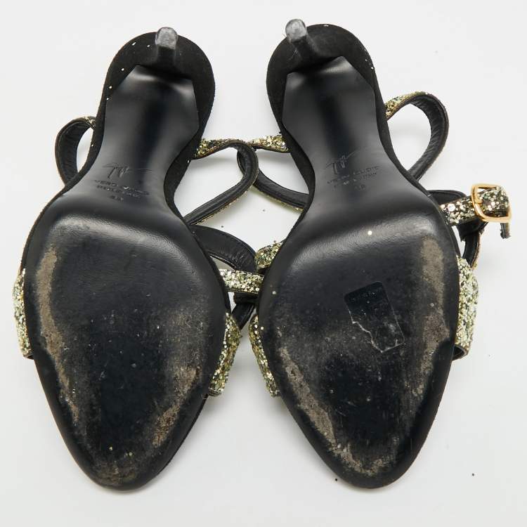 Pre Owned Giuseppe Zanotti Size 39 Gold/Black Glitter and Suede Ankle Strap Sandals