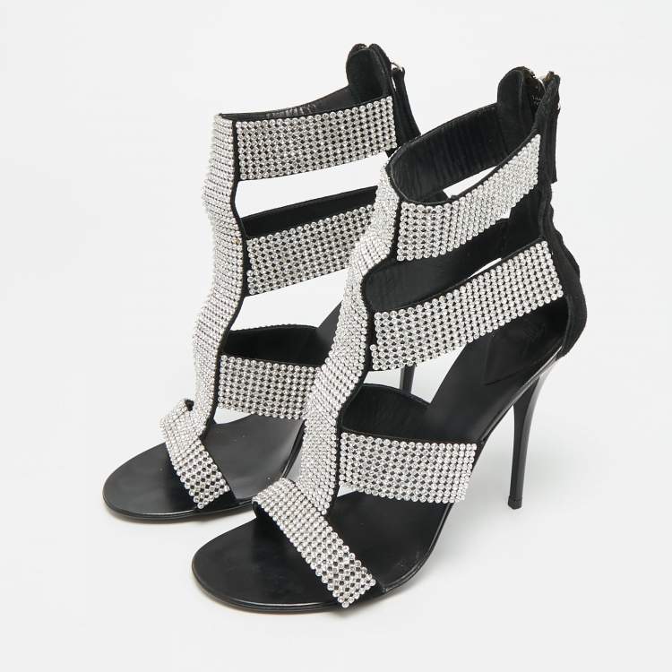Pre Owned Giuseppe Zanotti  Size 37 Black Suede  Crystal Embellished Ankle Strap Sandals 
