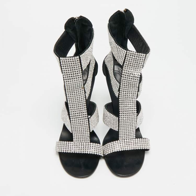 Pre Owned Giuseppe Zanotti  Size 37 Black Suede  Crystal Embellished Ankle Strap Sandals 
