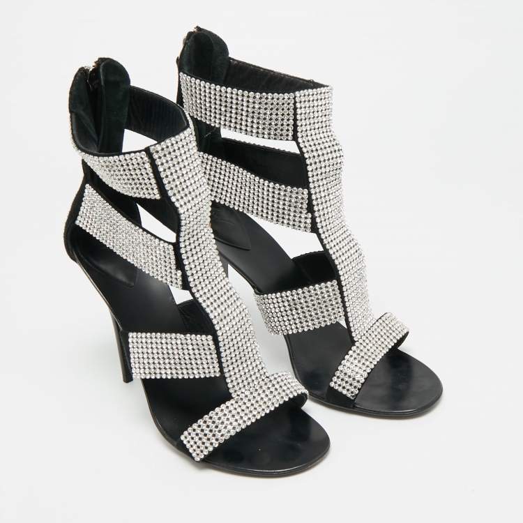Pre Owned Giuseppe Zanotti  Size 37 Black Suede  Crystal Embellished Ankle Strap Sandals 