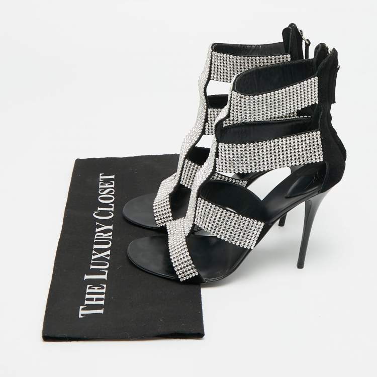Pre Owned Giuseppe Zanotti  Size 37 Black Suede  Crystal Embellished Ankle Strap Sandals 