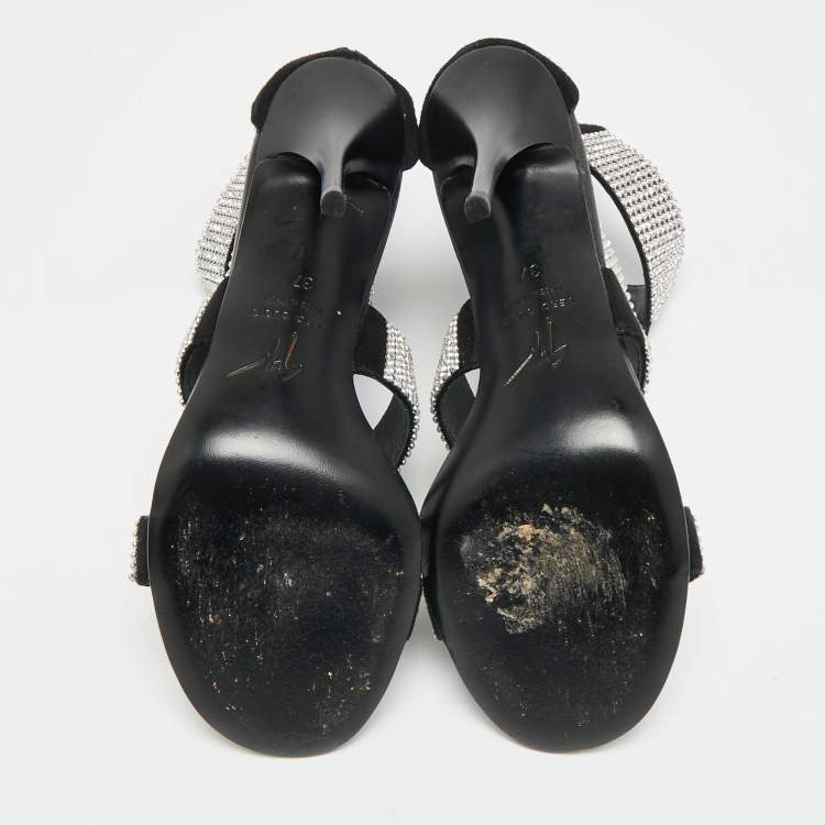 Pre Owned Giuseppe Zanotti  Size 37 Black Suede  Crystal Embellished Ankle Strap Sandals 