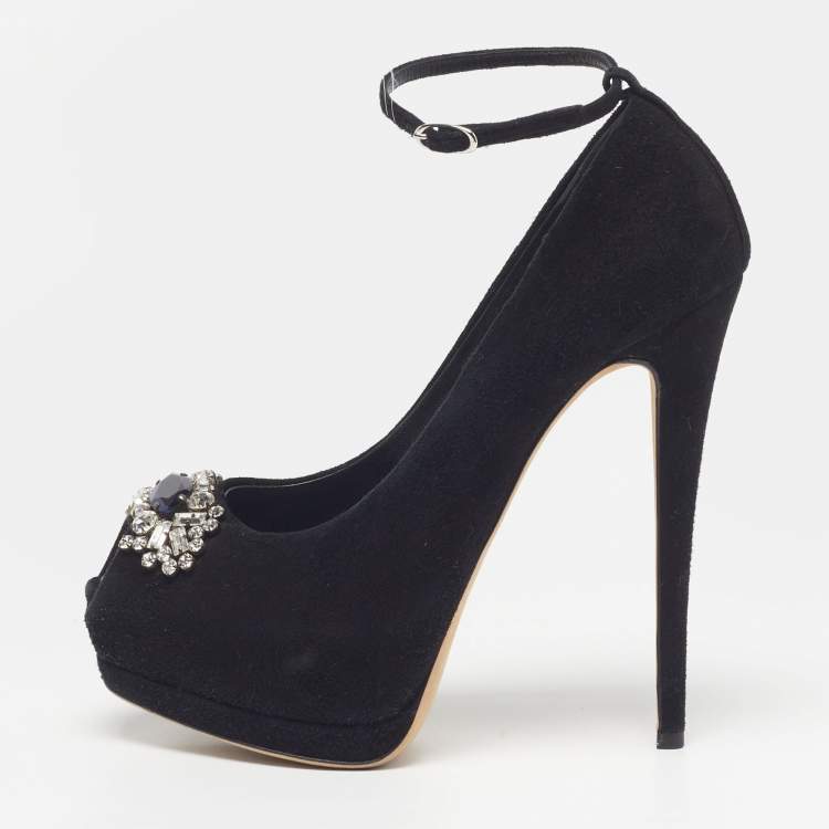 Pre Owned Giuseppe Zanotti Size 37.5 Black Suede Crystal Embellished Platform Pumps