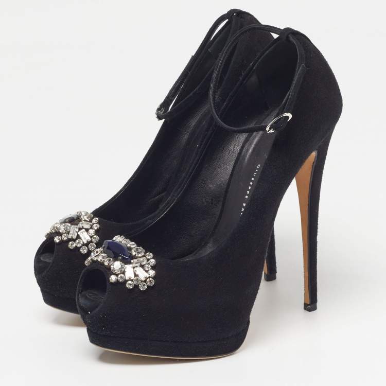 Pre Owned Giuseppe Zanotti Size 37.5 Black Suede Crystal Embellished Platform Pumps