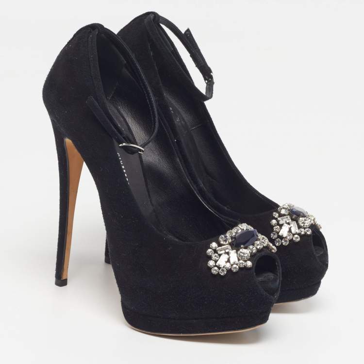 Pre Owned Giuseppe Zanotti Size 37.5 Black Suede Crystal Embellished Platform Pumps
