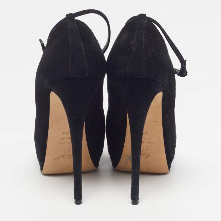 Pre Owned Giuseppe Zanotti Size 37.5 Black Suede Crystal Embellished Platform Pumps