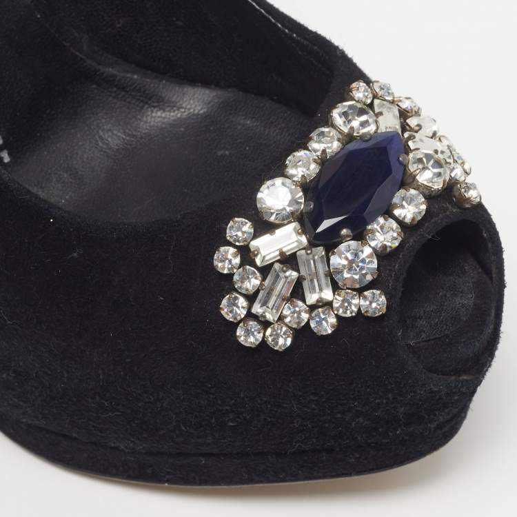 Pre Owned Giuseppe Zanotti Size 37.5 Black Suede Crystal Embellished Platform Pumps