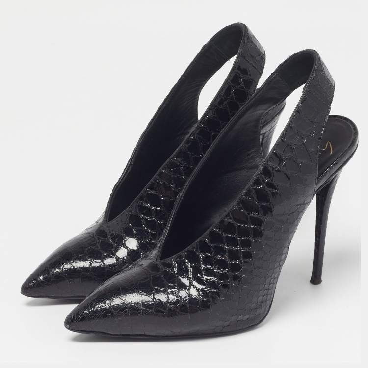 Pre Owned Giuseppe Zanotti Size 37 Black Snakeskin Embossed Patent Leather Slingback Pumps