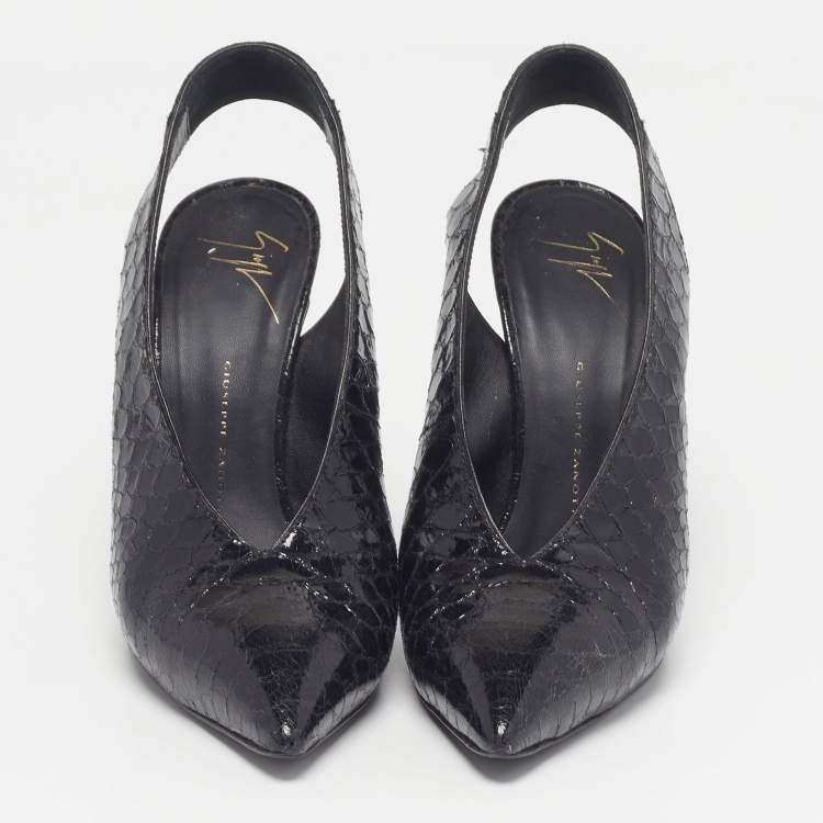 Pre Owned Giuseppe Zanotti Size 37 Black Snakeskin Embossed Patent Leather Slingback Pumps