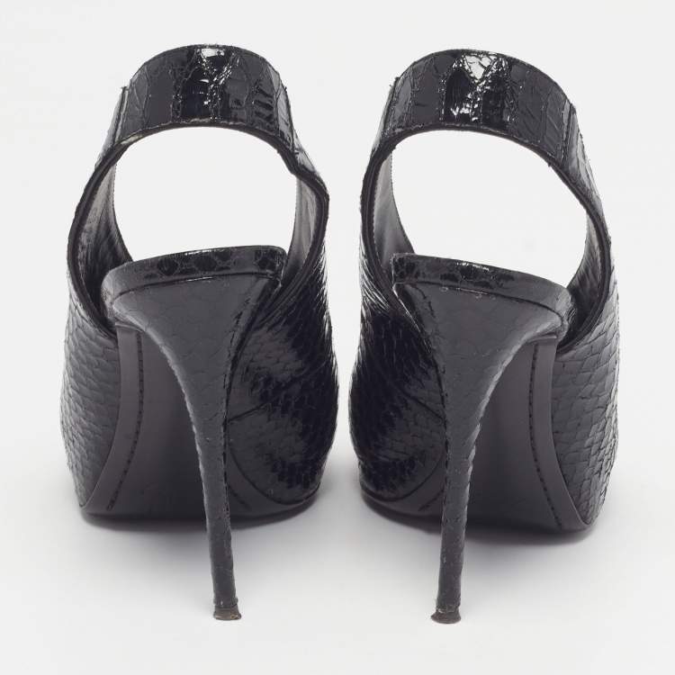 Pre Owned Giuseppe Zanotti Size 37 Black Snakeskin Embossed Patent Leather Slingback Pumps
