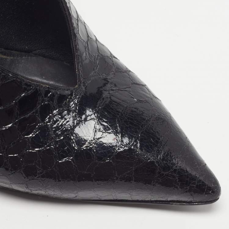 Pre Owned Giuseppe Zanotti Size 37 Black Snakeskin Embossed Patent Leather Slingback Pumps