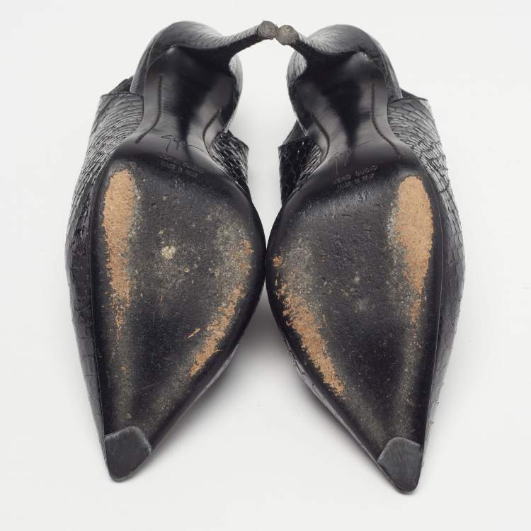 Pre Owned Giuseppe Zanotti Size 37 Black Snakeskin Embossed Patent Leather Slingback Pumps