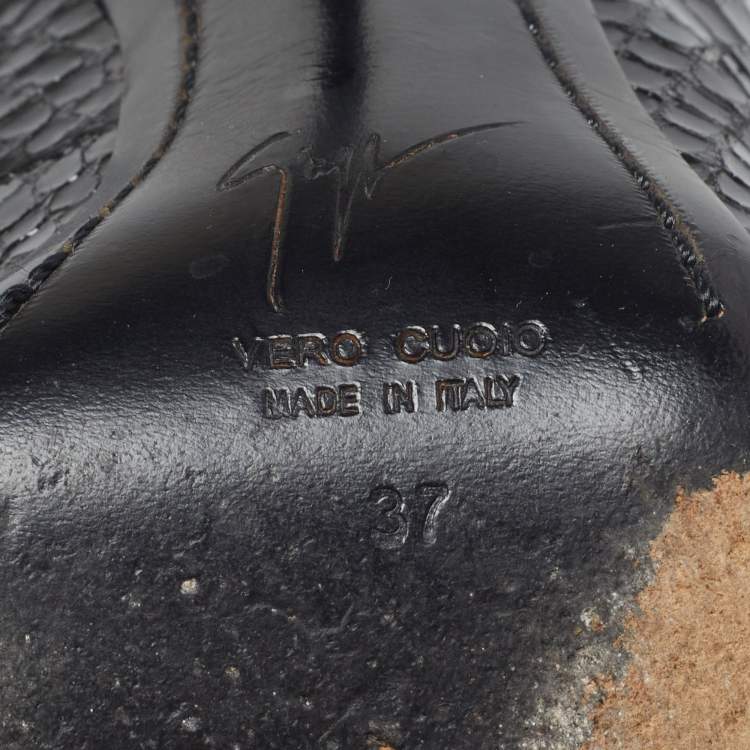 Pre Owned Giuseppe Zanotti Size 37 Black Snakeskin Embossed Patent Leather Slingback Pumps