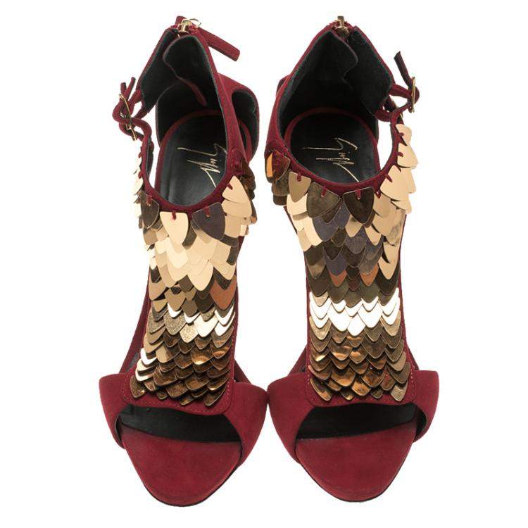 Pre Owned Giuseppe Zanotti Cherry Red Embellished Suede Peep Toe Sandals Size 37.5
