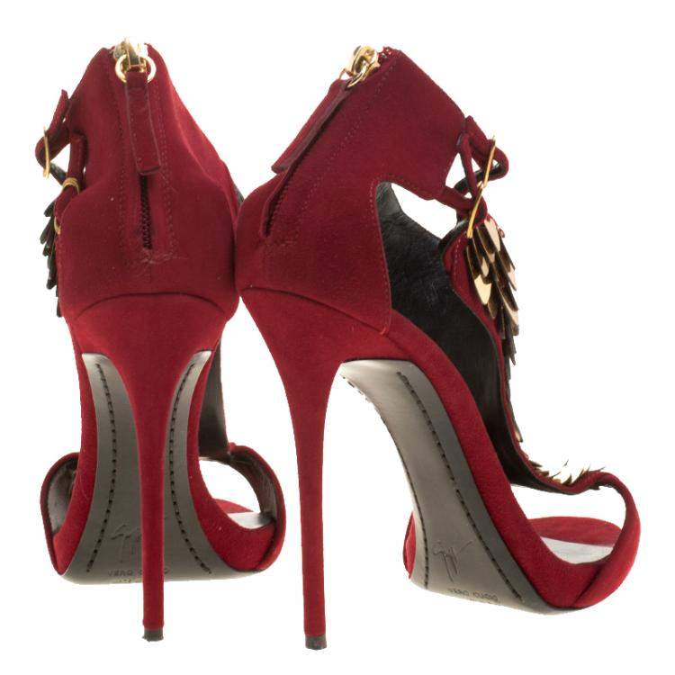 Pre Owned Giuseppe Zanotti Cherry Red Embellished Suede Peep Toe Sandals Size 37.5