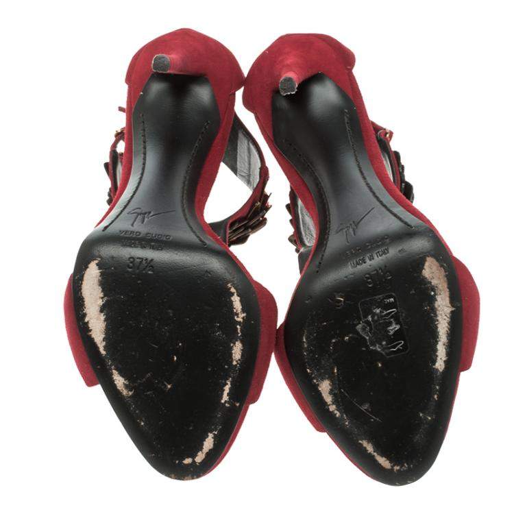 Pre Owned Giuseppe Zanotti Cherry Red Embellished Suede Peep Toe Sandals Size 37.5