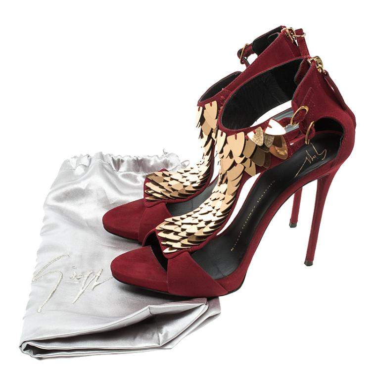 Pre Owned Giuseppe Zanotti Cherry Red Embellished Suede Peep Toe Sandals Size 37.5