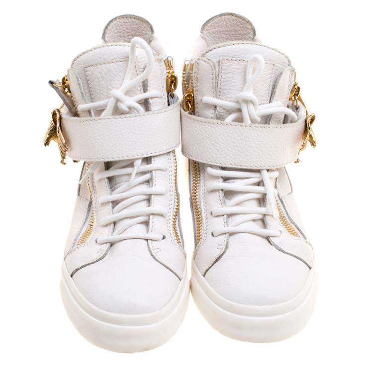 Pre Owned Giuseppe Zanotti White Leather Eagle High Top Sneakers Size 38