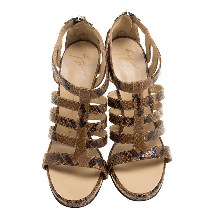 Pre Owned Giuseppe Zanotti Brown Snake Embossed Leather Strappy Sandals Size 40.5