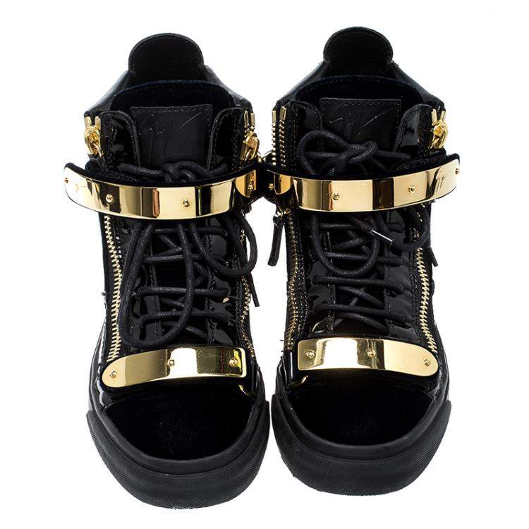 مملوكة مسبقًا Giuseppe Zanotti Navy Blue/Black Velvet and Leather Coby High Top Sneakers Size 36